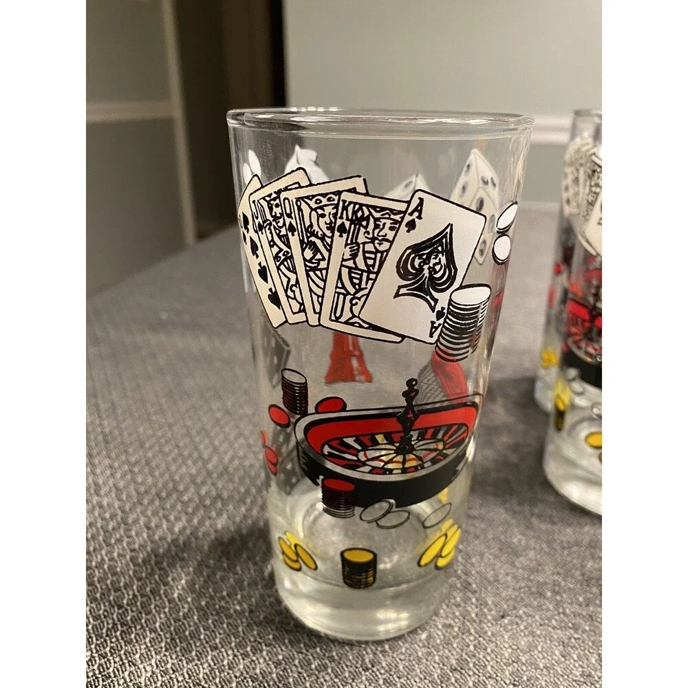 Hazel Atlas Poker Themed Cards Ice Bucket & 5 Glasses 1960’s Man Cave Barware